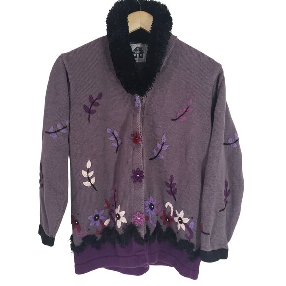 Vintage 90s Storybook Knits Purple Floral Embroidered Cardigan Sweater Size M - Picture 1 of 6